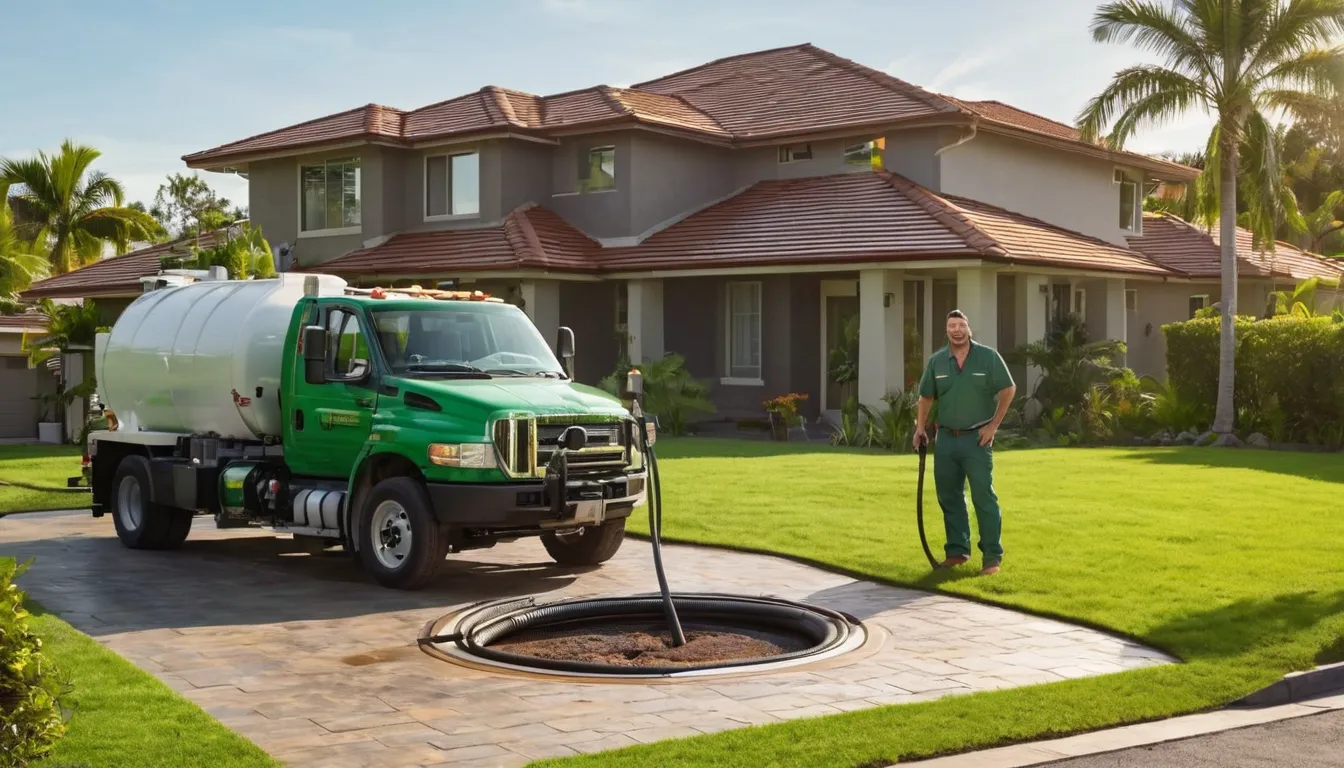 Friendly provider checking a septic tank lid in a sunny Bay Lake backyard while a homeowner looks on